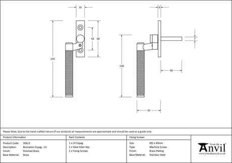 From The Anvil - Polished Brass Brompton Espag - LH | Sku. 50613 | Trade Door Handles.