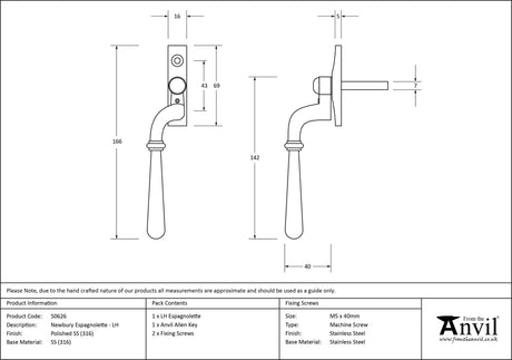 From The Anvil - Polished Marine SS (316) Newbury Espag - LH | Sku. 50626 | Trade Door Handles.