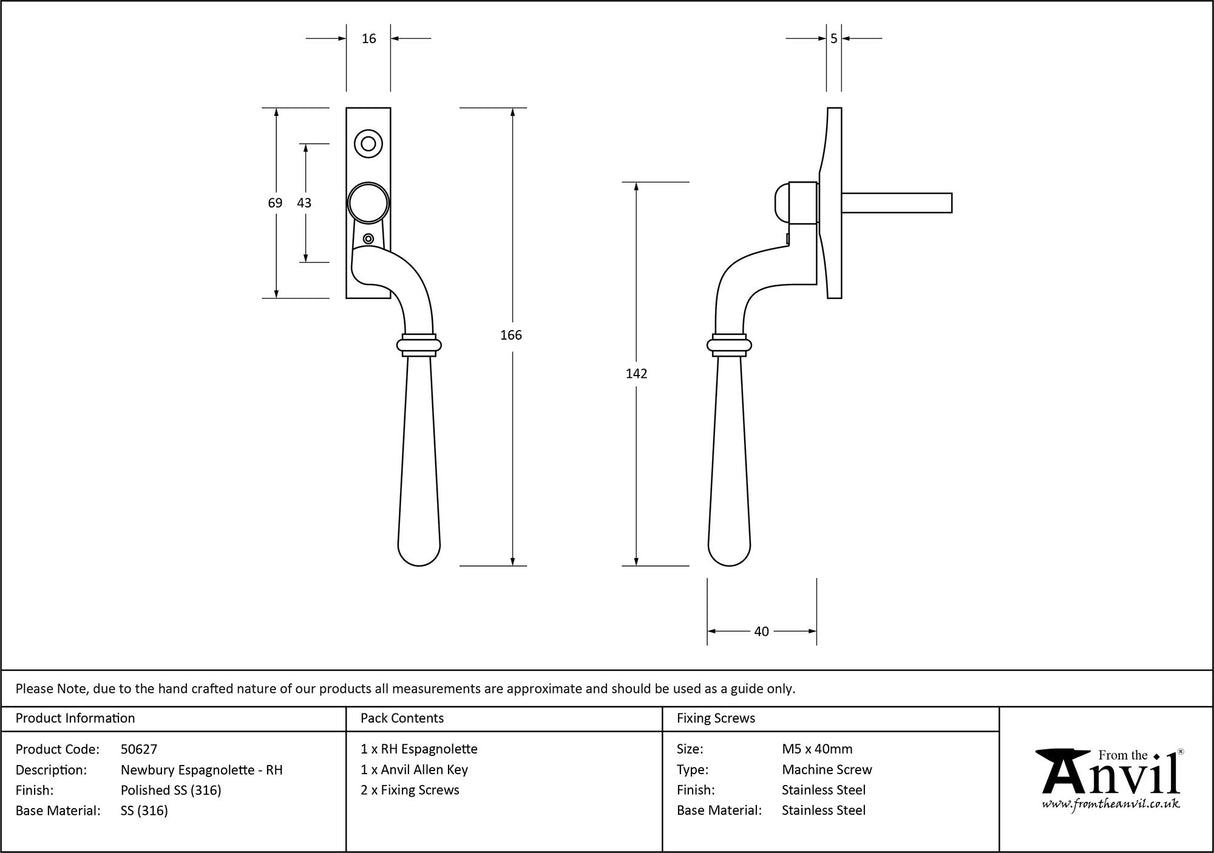 From The Anvil - Polished Marine SS (316) Newbury Espag - RH | Sku. 50627 | Trade Door Handles.