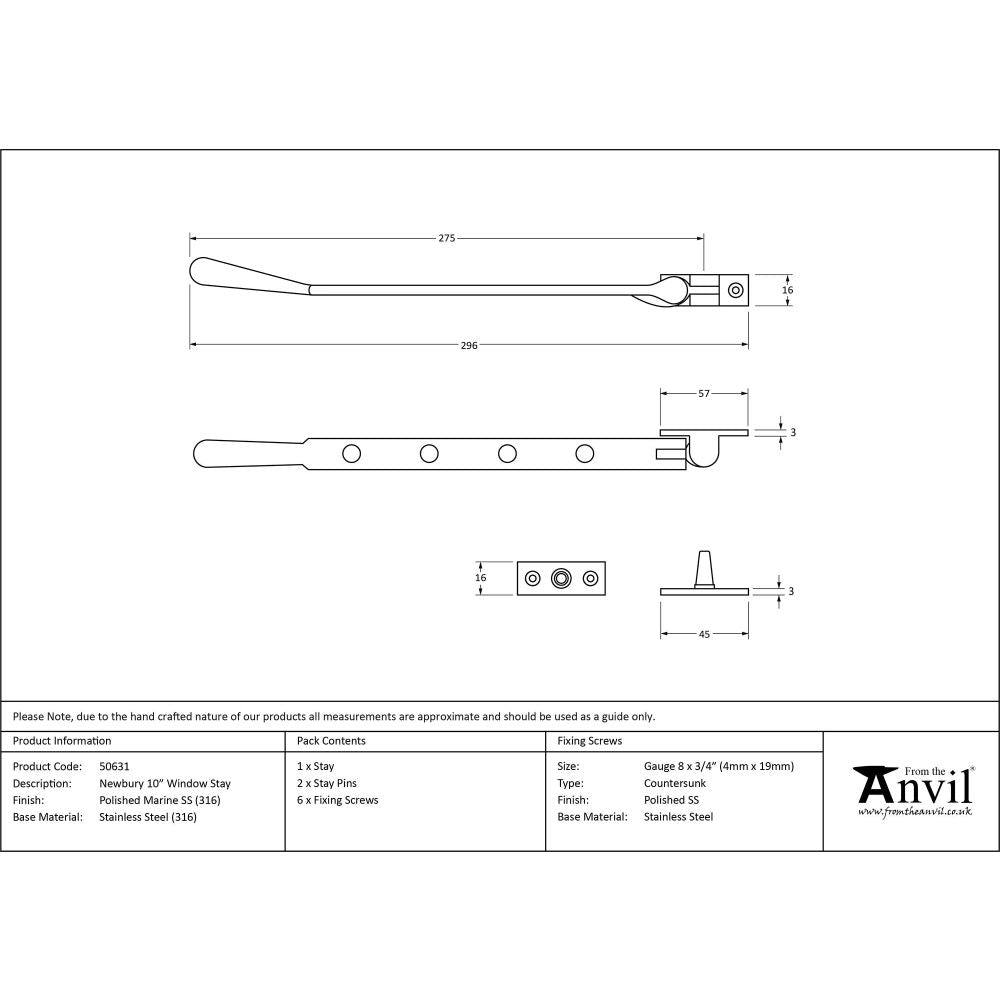 From The Anvil - Polished Marine SS (316) 10" Newbury Stay | Sku. 50631 | Trade Door Handles.