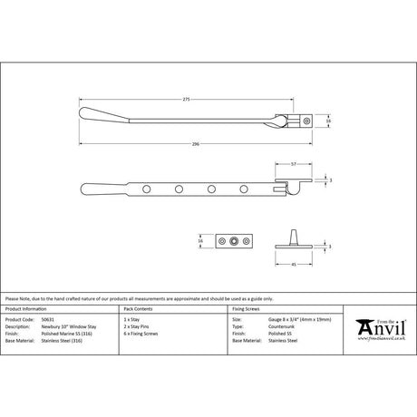 From The Anvil - Polished Marine SS (316) 10" Newbury Stay | Sku. 50631 | Trade Door Handles.