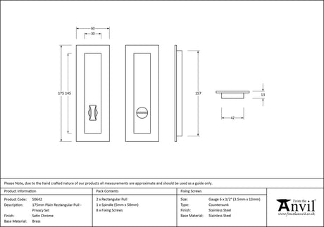 From The Anvil - Satin Chrome 175mm Plain Rectangular Pull - Privacy Set | Sku. 50642 | Trade Door Handles.