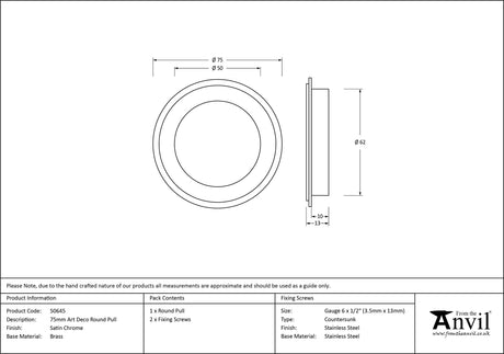 From The Anvil - Satin Chrome 75mm Art Deco Round Pull | Sku. 50645 | Trade Door Handles.