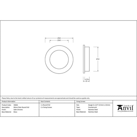 From The Anvil - Satin Chrome 60mm Plain Round Pull | Sku. 50646 | Trade Door Handles.