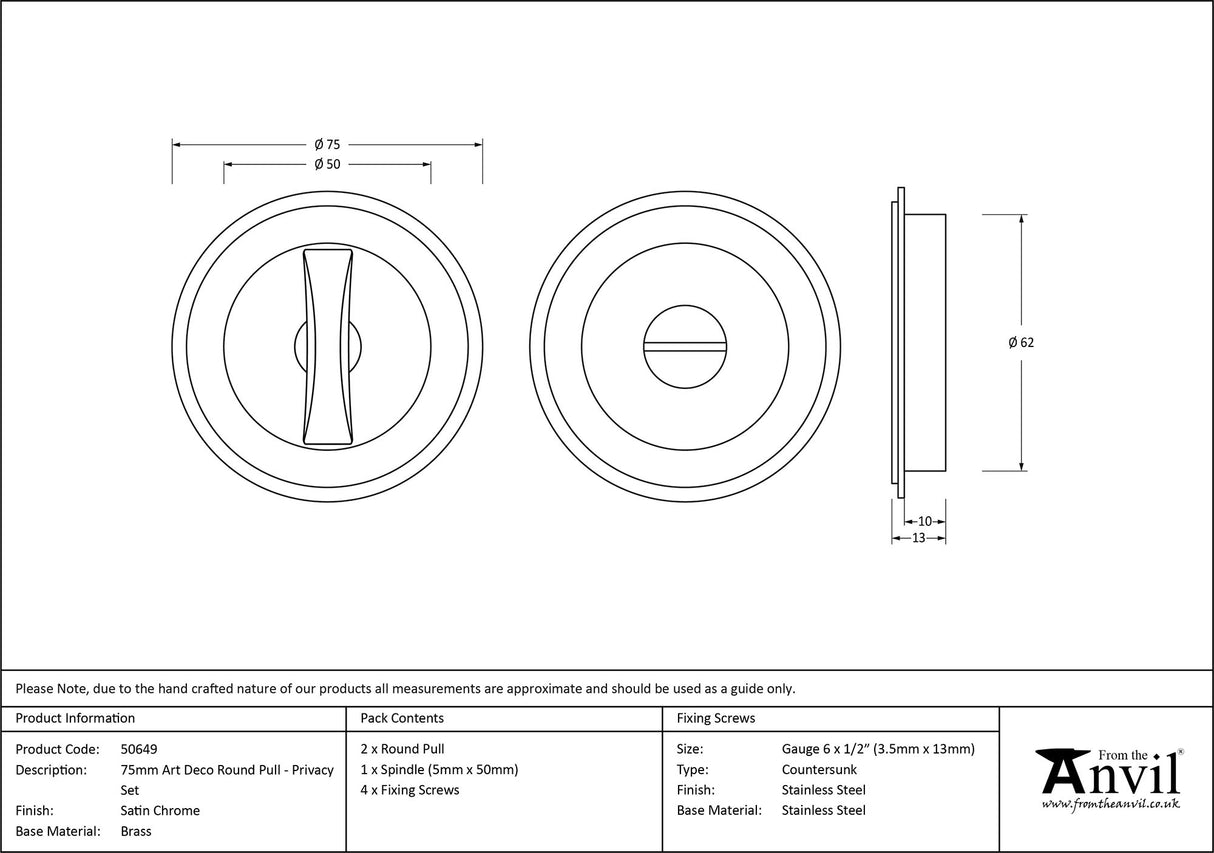 From The Anvil - Satin Chrome 75mm Art Deco Round Pull - Privacy Set | Sku. 50649 | Trade Door Handles.