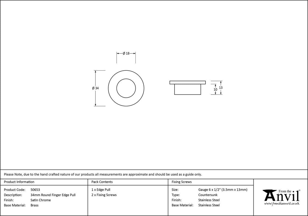 From The Anvil - Satin Chrome 34mm Round Finger Edge Pull | Sku. 50653 | Trade Door Handles.
