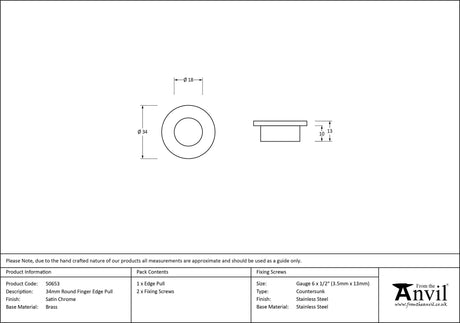 From The Anvil - Satin Chrome 34mm Round Finger Edge Pull | Sku. 50653 | Trade Door Handles.