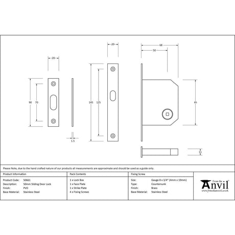 From The Anvil - PVD 50mm Sliding Door Lock | Sku. 50661 | Trade Door Handles.