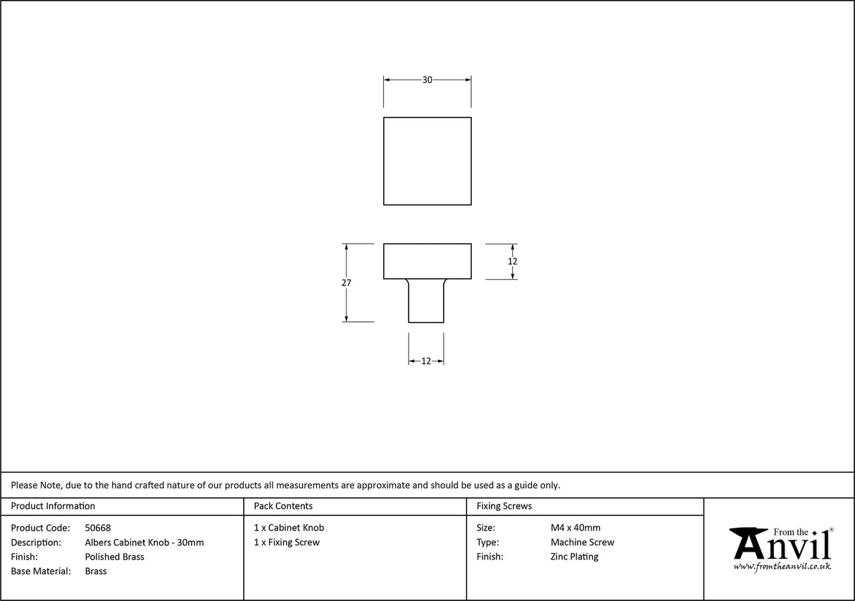 From The Anvil - Polished Brass Albers Cabinet Knob - 30mm | Sku. 50668 | Trade Door Handles.