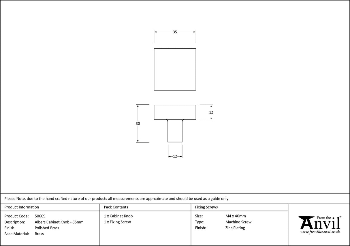 From The Anvil - Polished Brass Albers Cabinet Knob - 35mm | Sku. 50669 | Trade Door Handles.