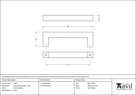 From The Anvil - Polished Brass Albers Pull Handle - Small | Sku. 50671 | Trade Door Handles.