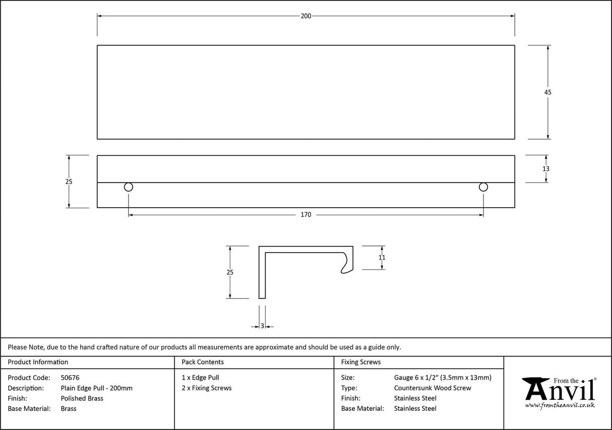 From The Anvil - Polished Brass 200mm Plain Edge Pull | Sku. 50676 | Trade Door Handles.