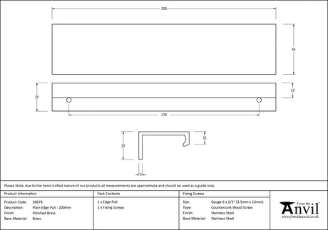 From The Anvil - Polished Brass 200mm Plain Edge Pull | Sku. 50676 | Trade Door Handles.