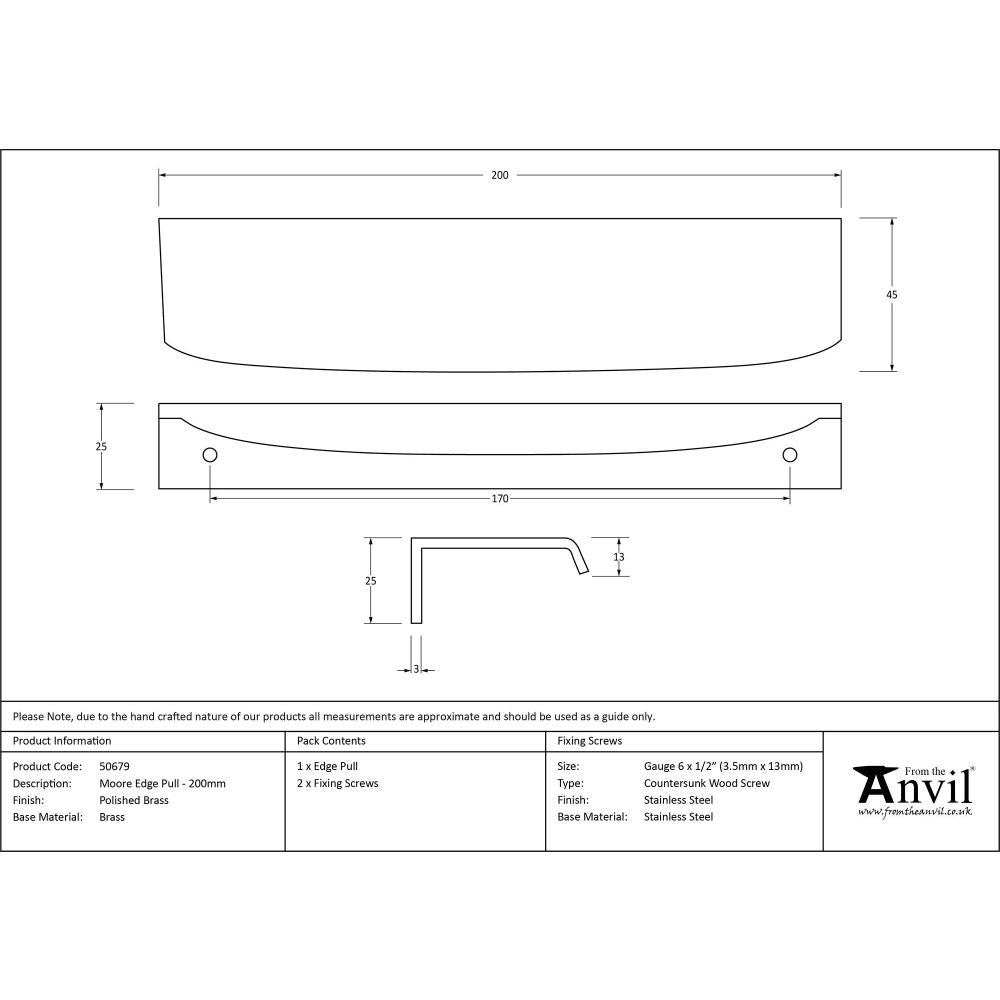 From The Anvil - Polished Brass 200mm Moore Edge Pull | Sku. 50679 | Trade Door Handles.