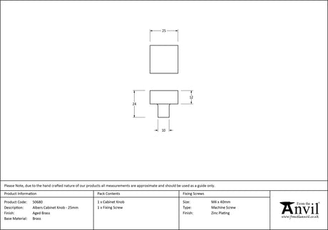 From The Anvil - Aged Brass Albers Cabinet Knob - 25mm | Sku. 50680 | Trade Door Handles.