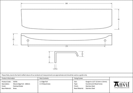 From The Anvil - Polished Nickel 200mm Moore Edge Pull | Sku. 50705 | Trade Door Handles.