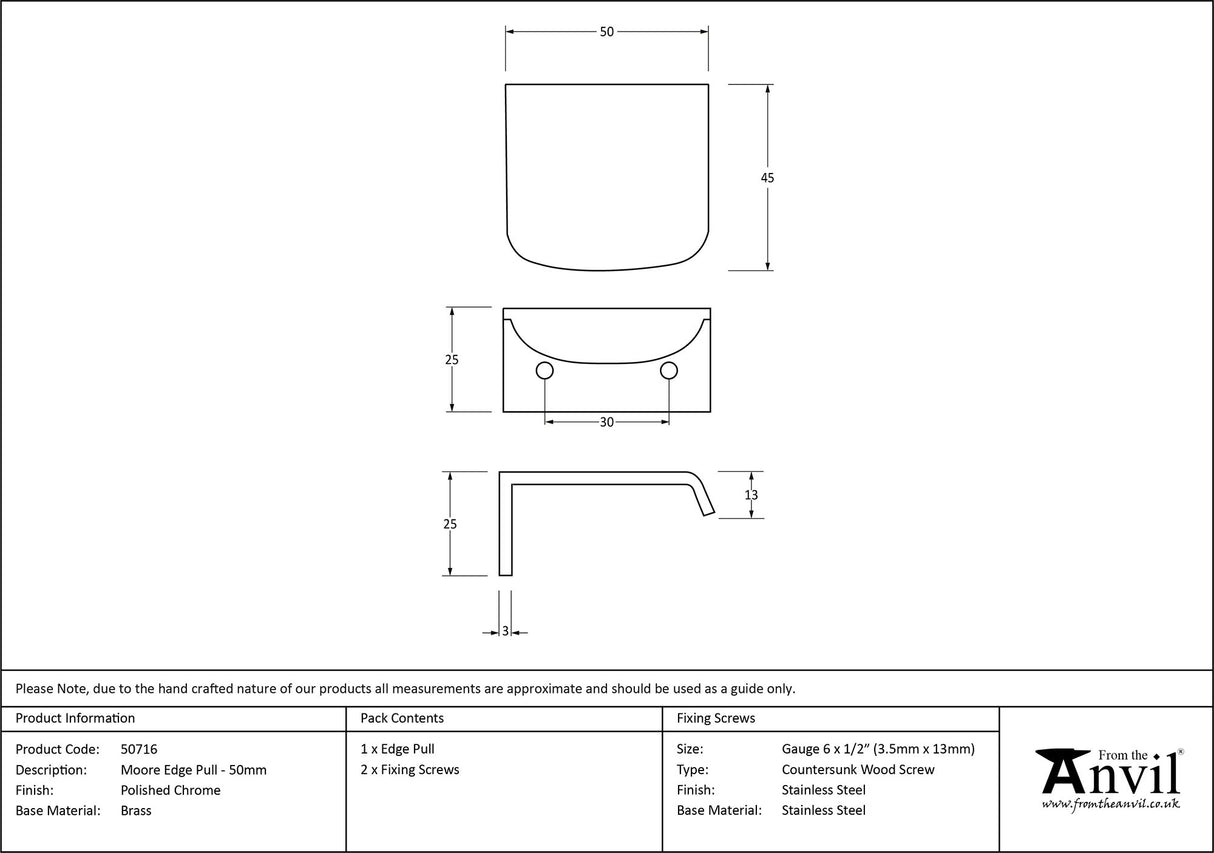 From The Anvil - Polished Chrome 50mm Moore Edge Pull | Sku. 50716 | Trade Door Handles.
