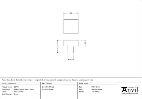 From The Anvil - Satin Chrome Albers Cabinet Knob - 30mm | Sku. 50720 | Trade Door Handles.