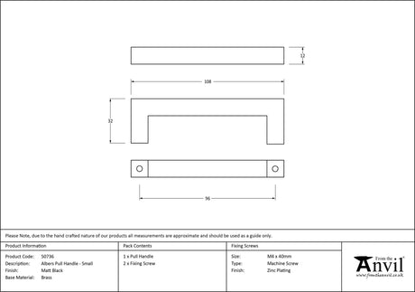 From The Anvil - Matt Black Albers Pull Handle - Small | Sku. 50736 | Trade Door Handles.