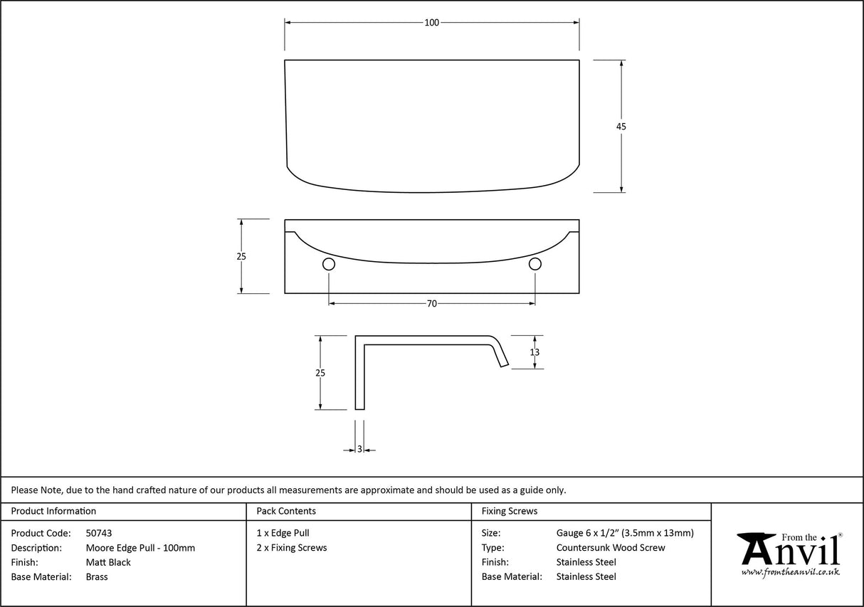 From The Anvil - Matt Black 100mm Moore Edge Pull | Sku. 50743 | Trade Door Handles.