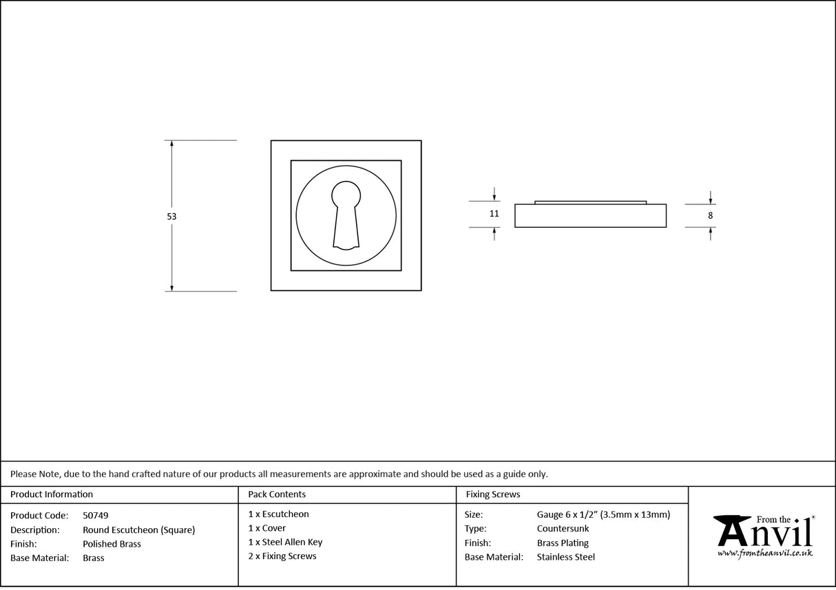 From The Anvil - Polished Brass Round Escutcheon (Square) | Sku. 50749 | Trade Door Handles.