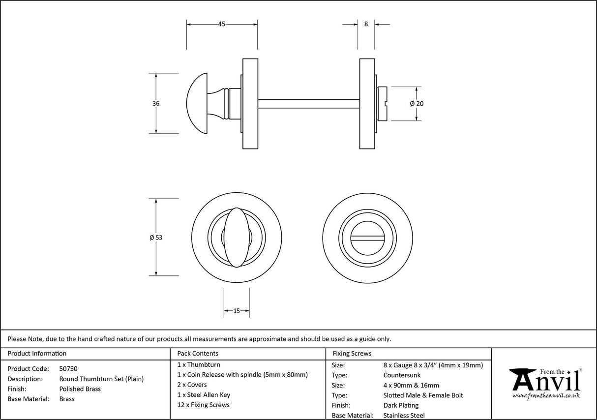 From The Anvil - Polished Brass Round Thumbturn Set (Plain) | Sku. 50750 | Trade Door Handles.