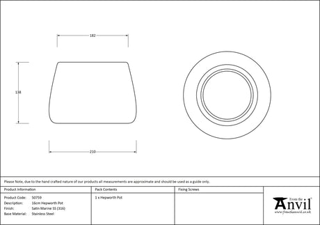 From The Anvil - Satin Marine SS (316) 16cm Hepworth Pot | Sku. 50759 | Trade Door Handles.
