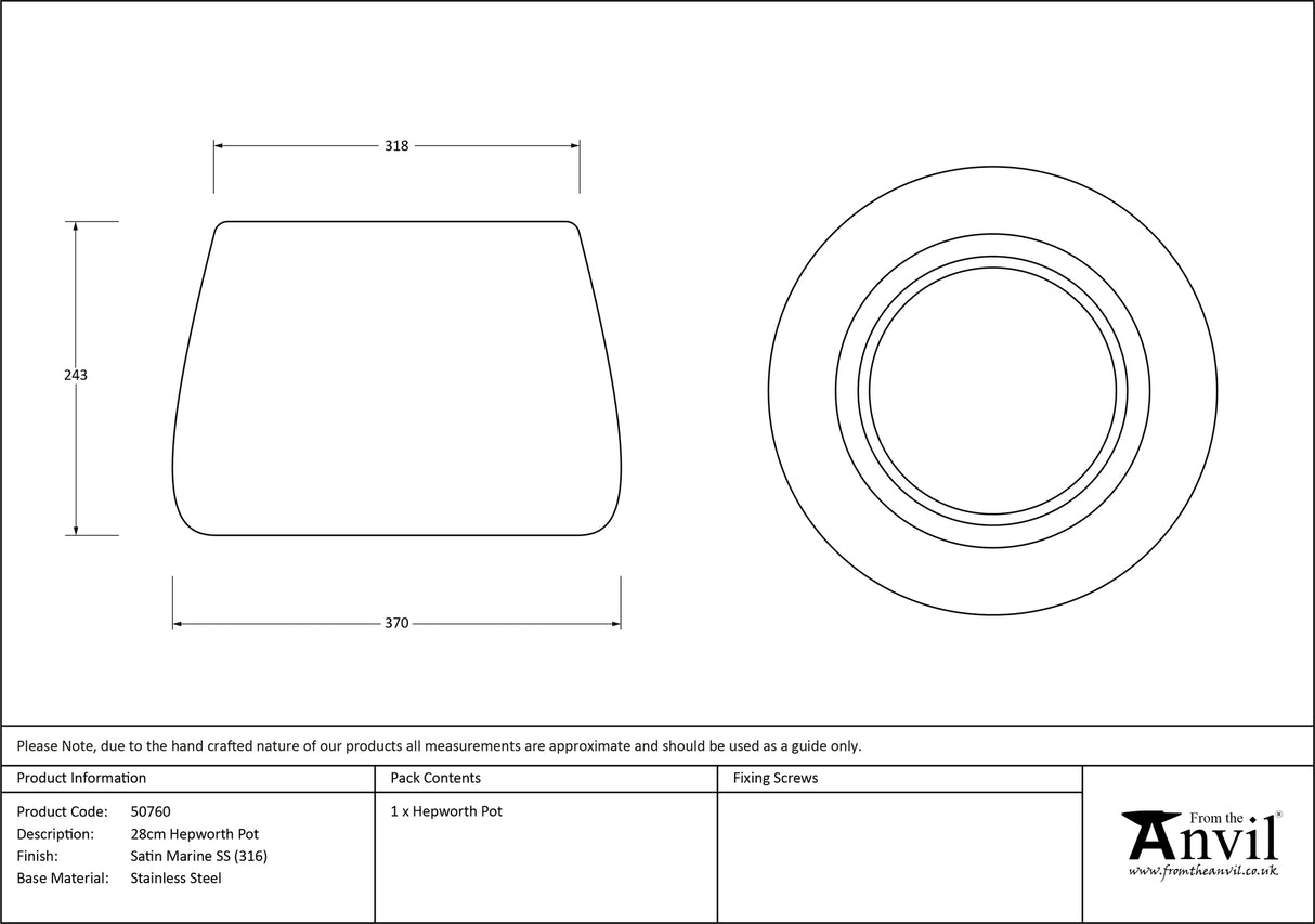 From The Anvil - Satin Marine SS (316) 28cm Hepworth Pot | Sku. 50760 | Trade Door Handles.