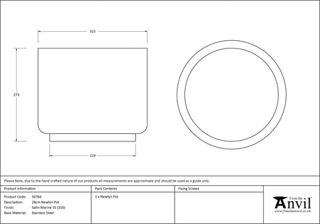 From The Anvil - Satin Marine SS (316) 28cm Newlyn Pot | Sku. 50766 | Trade Door Handles.