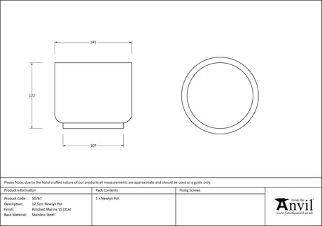 From The Anvil - Polished Marine SS (316) 12.5cm Newlyn Pot | Sku. 50767 | Trade Door Handles.