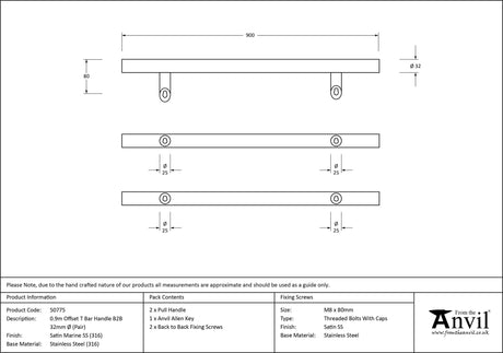 From The Anvil - Satin Marine SS (316) 0.9m Offset T Bar Handle B2B 32mm | Sku. 50775 | Trade Door Handles.