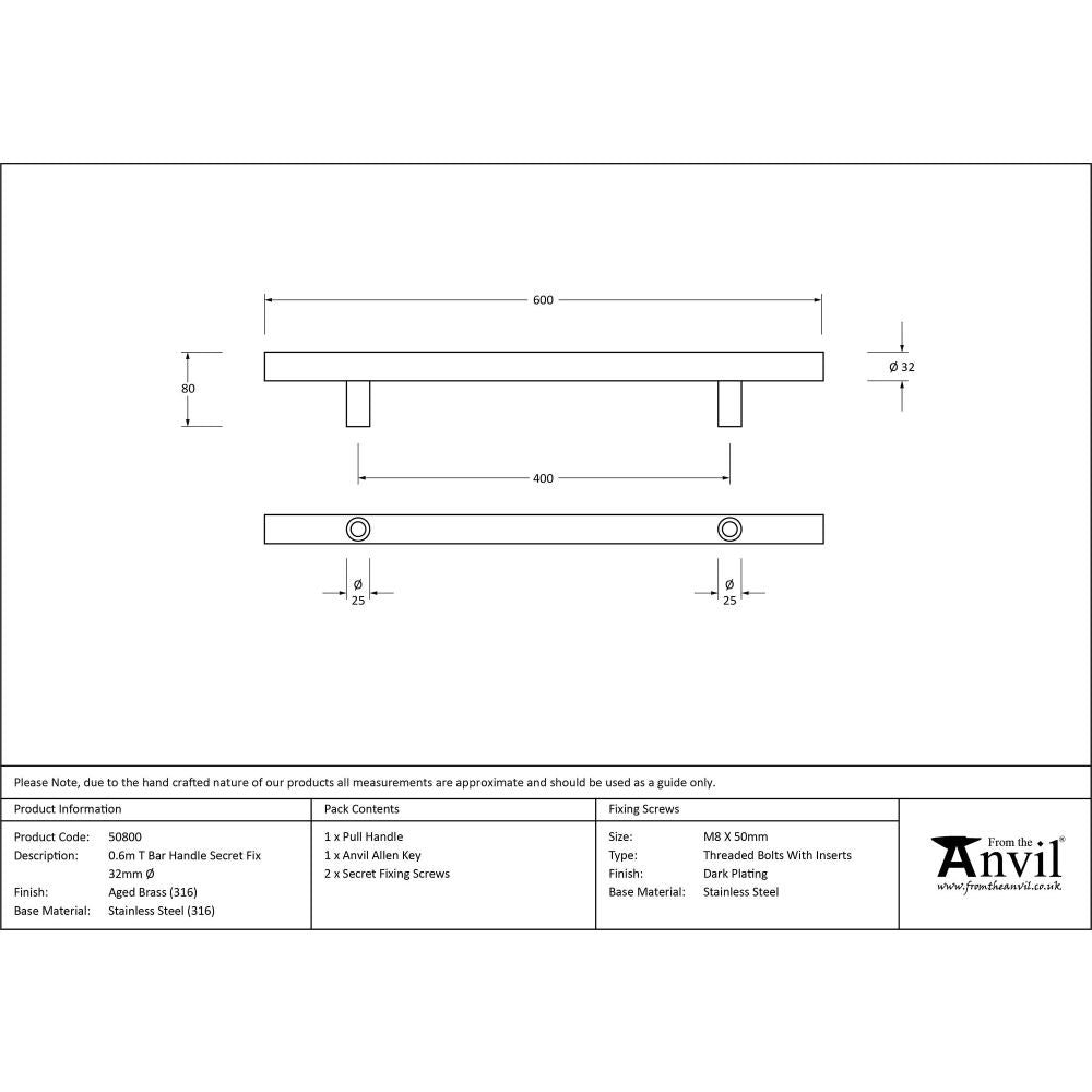 From The Anvil - Aged Brass (316) 0.6m T Bar Handle Secret Fix 32mm | Sku. 50800 | Trade Door Handles.