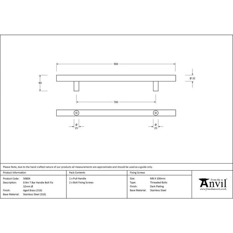 From The Anvil - Aged Brass (316) 0.9m T Bar Handle Bolt Fix 32mm | Sku. 50804 | Trade Door Handles.