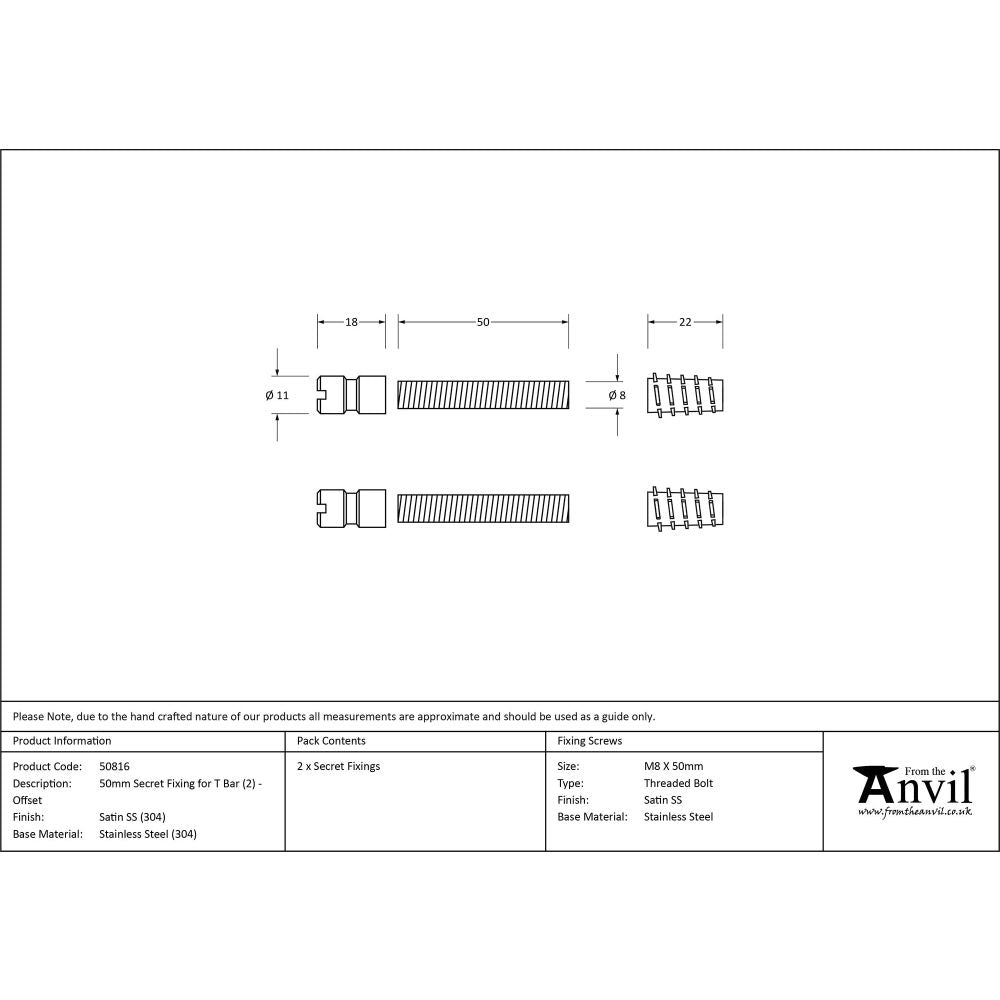 From The Anvil - Satin SS (304) 50mm Secret Fixings for T Bar (2) - Offset | Sku. 50816 | Trade Door Handles.