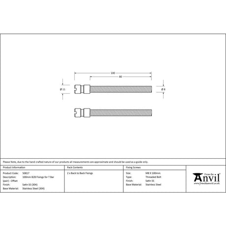 From The Anvil - Satin SS (304) 100mm Back to Back Fixings for T Bar (2) - Offset | Sku. 50817 | Trade Door Handles.