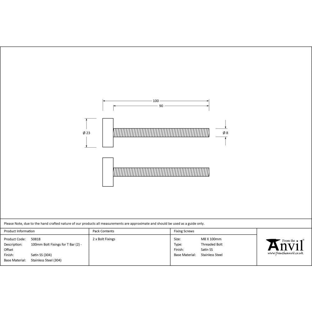 From The Anvil - Satin SS (304) 100mm Bolt Fixings for T Bar (2) - Offset | Sku. 50818 | Trade Door Handles.