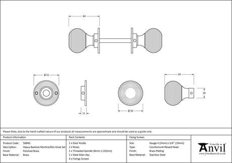 From The Anvil - Polished Brass Heavy Beehive Mortice/Rim Knob Set | Sku. 50840 | Trade Door Handles.