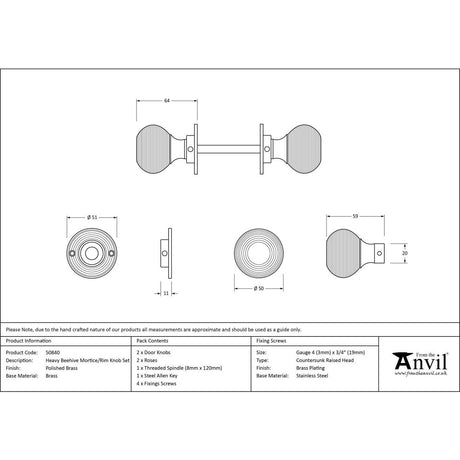 From The Anvil - Polished Brass Heavy Beehive Mortice/Rim Knob Set | Sku. 50840 | Trade Door Handles.