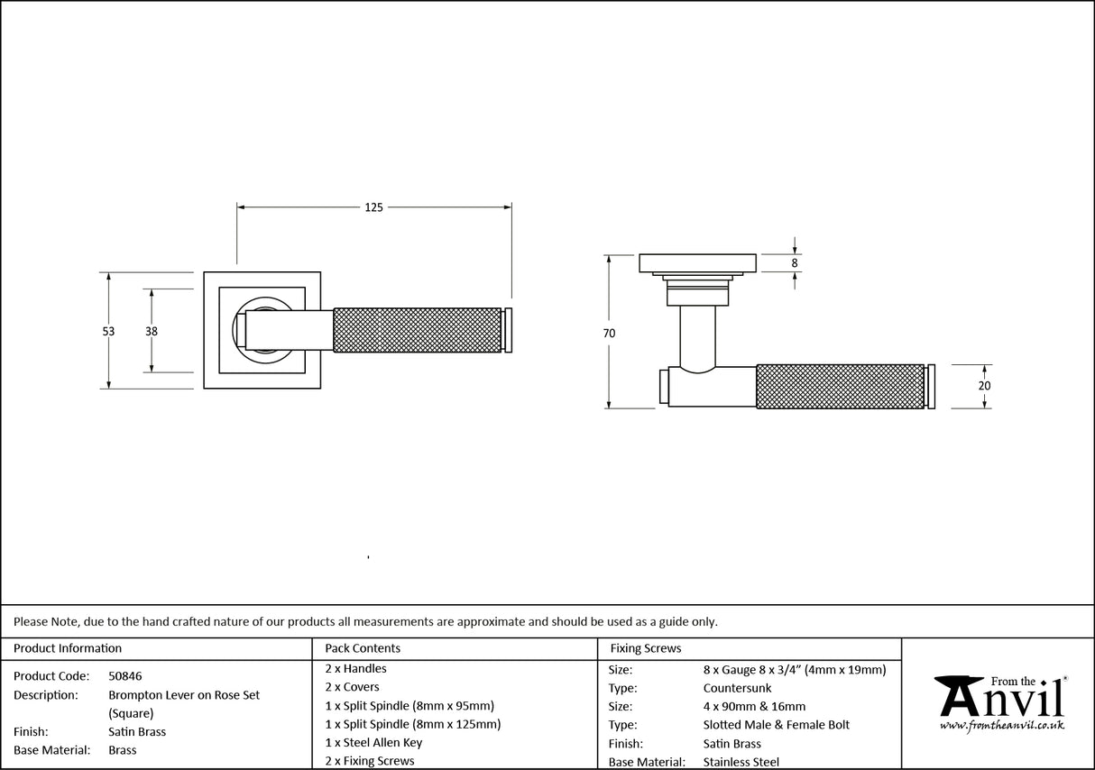 From The Anvil - Satin Brass Brompton Lever on Rose Set (Square) | Sku. 50846 | Trade Door Handles.