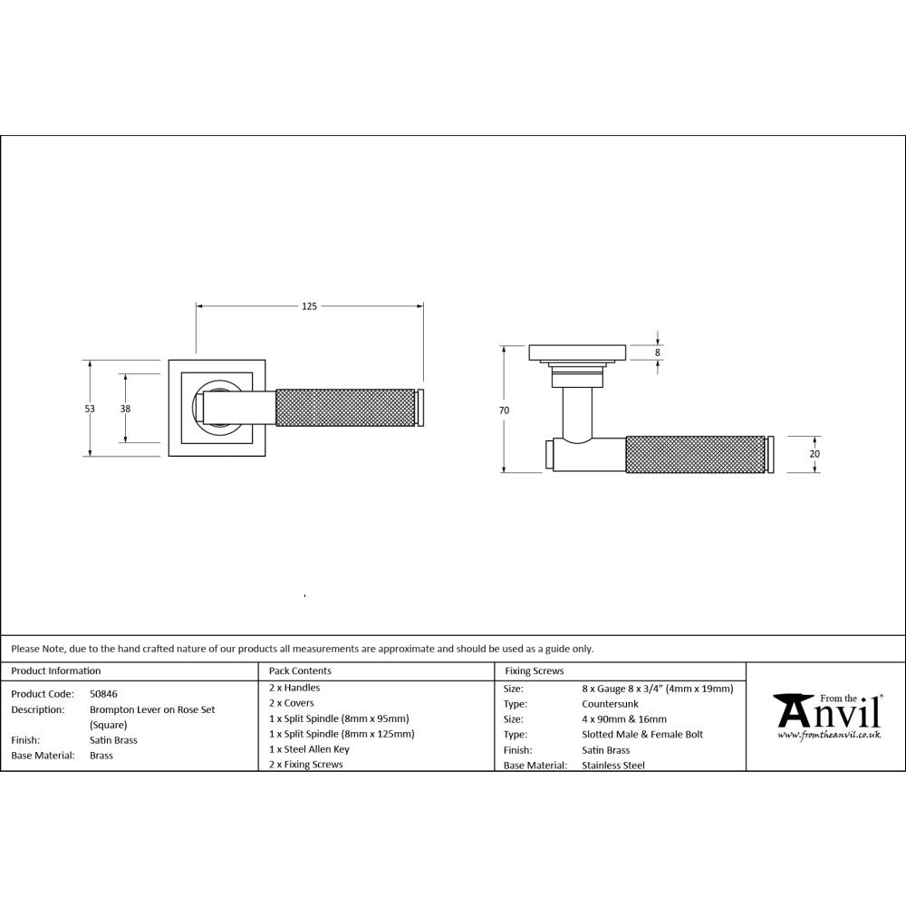 From The Anvil - Satin Brass Brompton Lever on Rose Set (Square) | Sku. 50846 | Trade Door Handles.