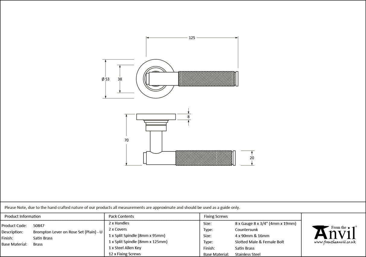 From The Anvil - Satin Brass Brompton Lever on Rose Set (Plain) - Unsprung | Sku. 50847 | Trade Door Handles.