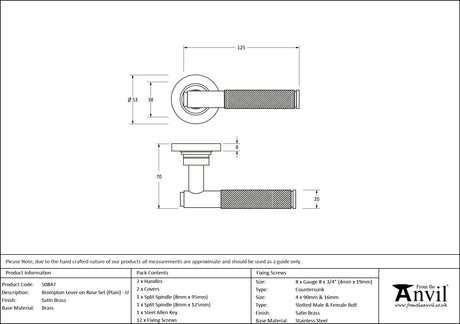 From The Anvil - Satin Brass Brompton Lever on Rose Set (Plain) - Unsprung | Sku. 50847 | Trade Door Handles.