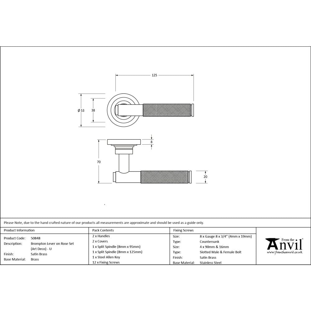 From The Anvil - Satin Brass Brompton Lever on Rose Set (Art Deco) - Unsprung | Sku. 50848 | Trade Door Handles.