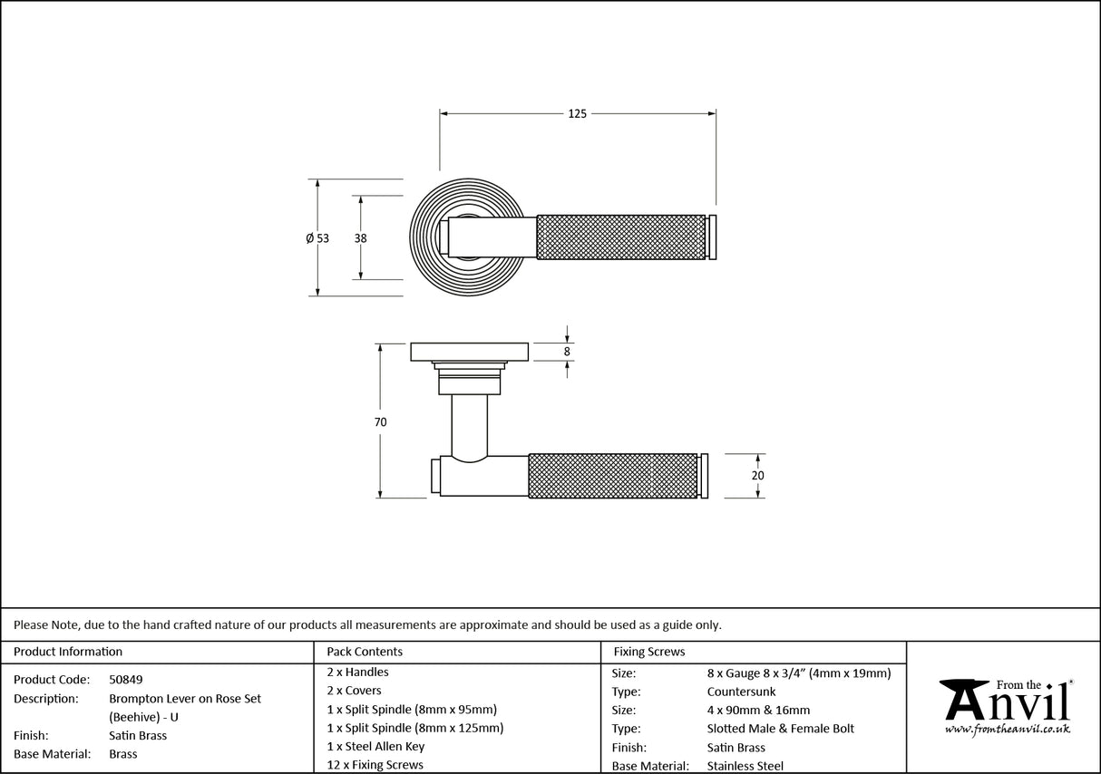 From The Anvil - Satin Brass Brompton Lever on Rose Set (Beehive) - Unsprung | Sku. 50849 | Trade Door Handles.