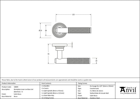 From The Anvil - Satin Brass Brompton Lever on Rose Set (Beehive) - Unsprung | Sku. 50849 | Trade Door Handles.