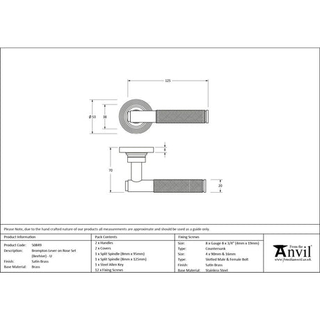 From The Anvil - Satin Brass Brompton Lever on Rose Set (Beehive) - Unsprung | Sku. 50849 | Trade Door Handles.