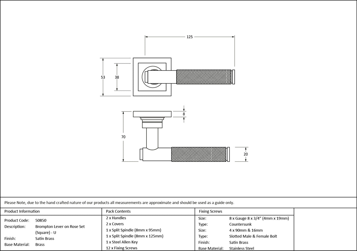 From The Anvil - Satin Brass Brompton Lever on Rose Set (Square) - Unsprung | Sku. 50850 | Trade Door Handles.