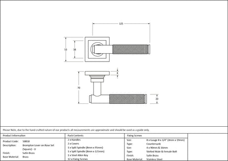 From The Anvil - Satin Brass Brompton Lever on Rose Set (Square) - Unsprung | Sku. 50850 | Trade Door Handles.