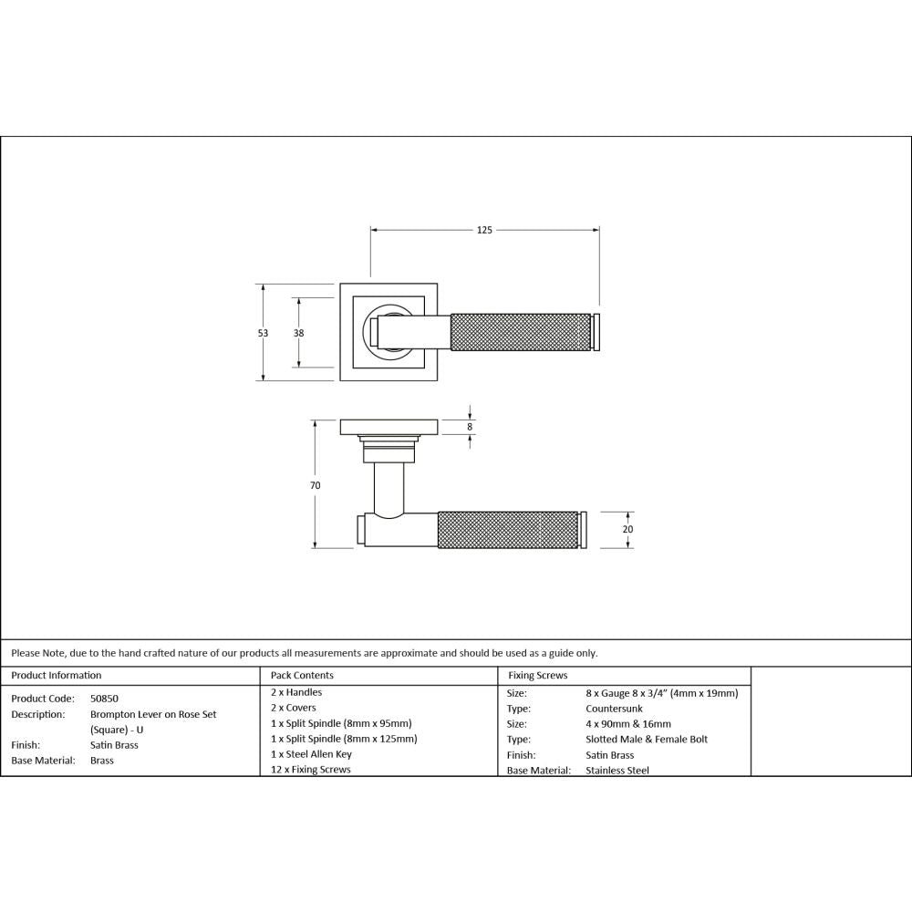 From The Anvil - Satin Brass Brompton Lever on Rose Set (Square) - Unsprung | Sku. 50850 | Trade Door Handles.