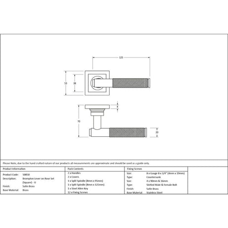 From The Anvil - Satin Brass Brompton Lever on Rose Set (Square) - Unsprung | Sku. 50850 | Trade Door Handles.